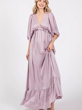 Vanilla Bay maternity long lilac V-neck pleated dress, size S